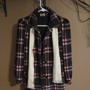 Chic Plaid Pea Coat with Scarf